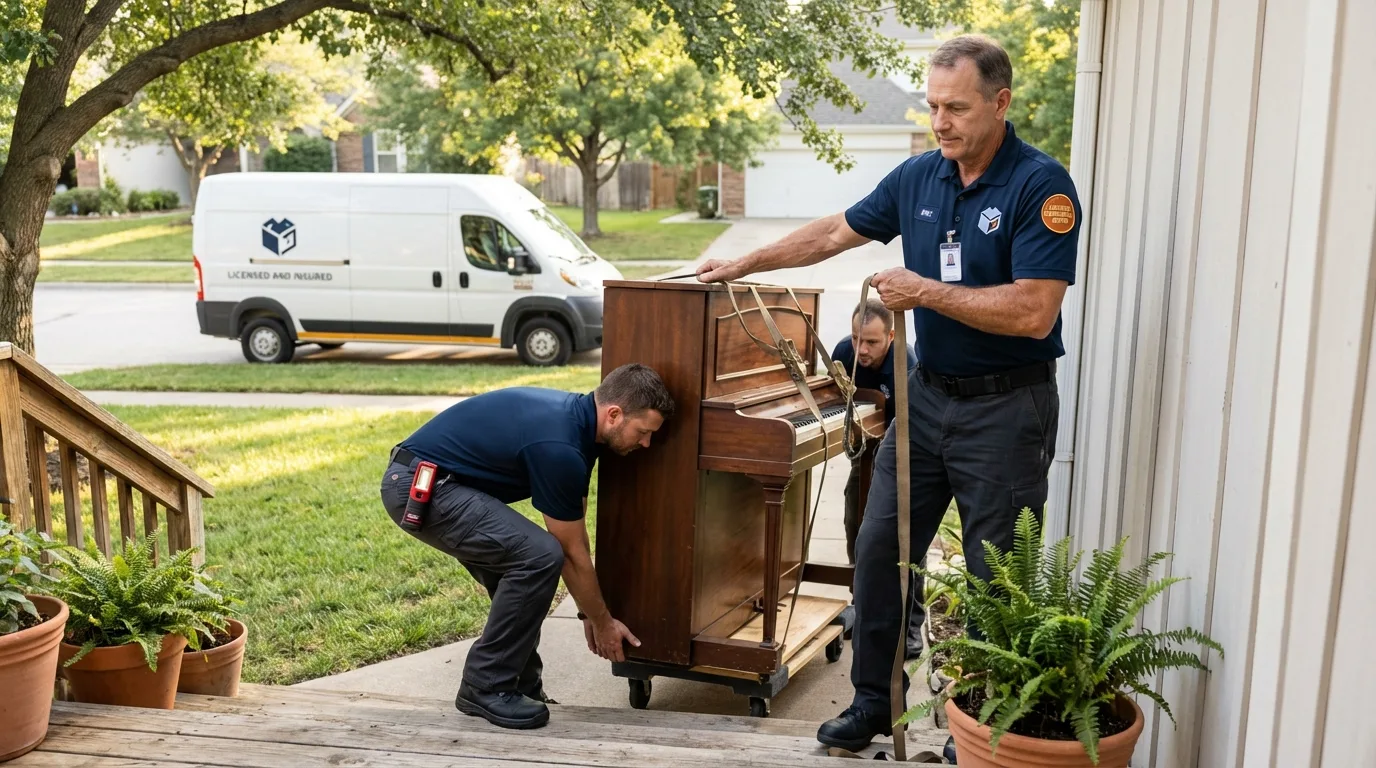 Licensed piano movers securing grand piano in Hoosick Falls, NY