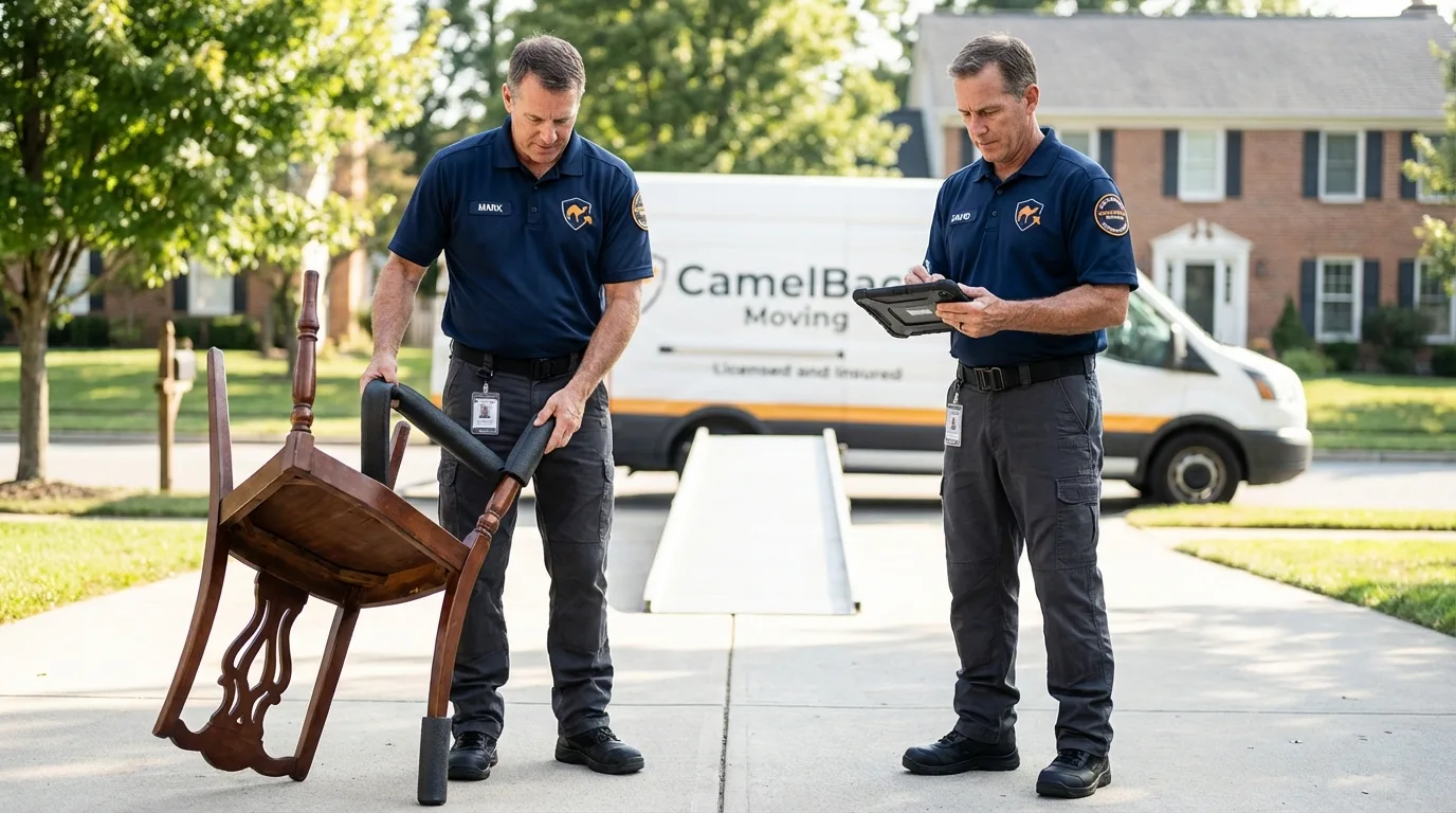 Movers inspecting furniture for damage prevention before loading in Hoosick Falls, NY