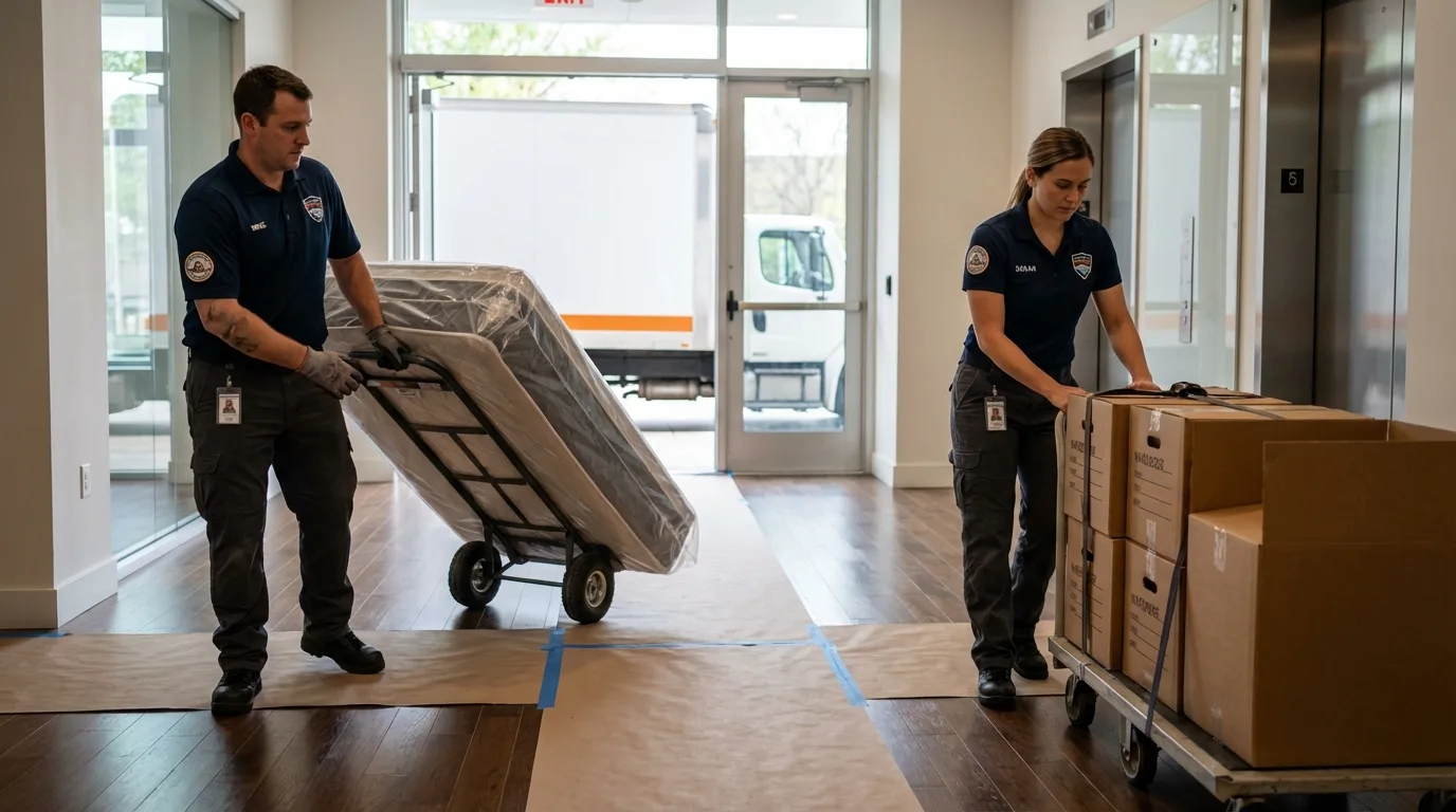 Professional apartment movers loading elevator in Hoosick Falls, NY